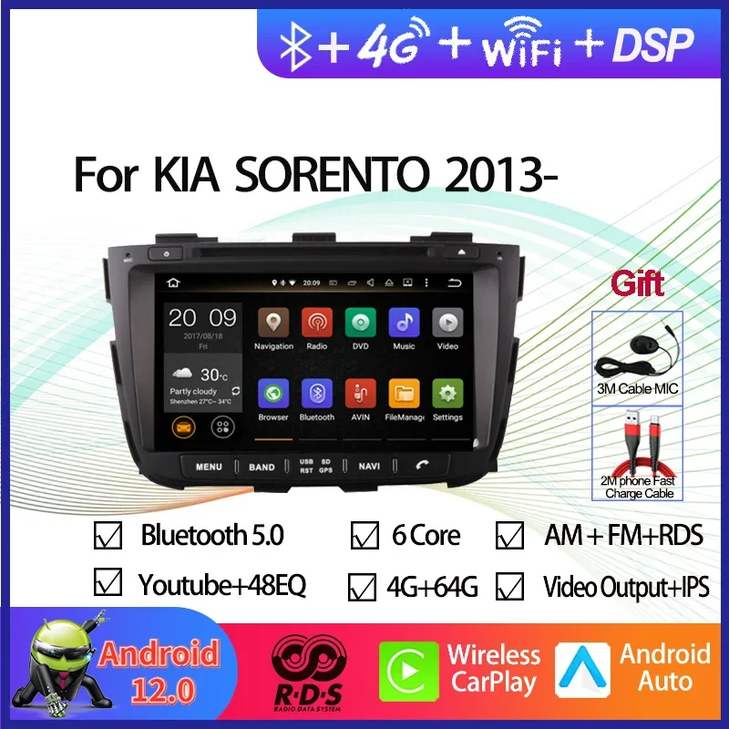 4G+64G Android 12 Car GPS Navigation Multimedia Player For Kia Sorento 2013 2014 Auto Radio Stereo With Steering Wheel Control