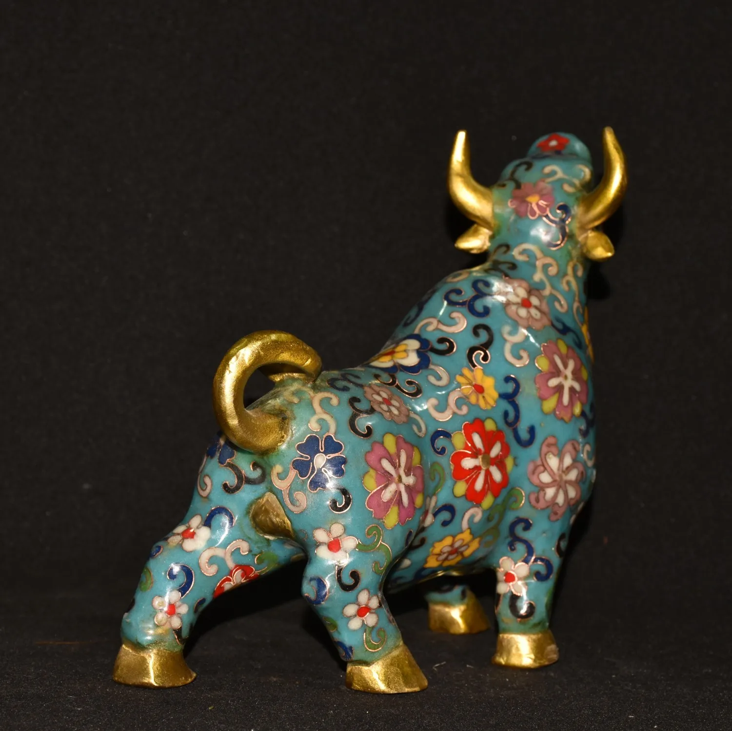 Rare  old Handmade copper Copper-bodied hand-knotted enameled blue-tiled ox with its head up statue