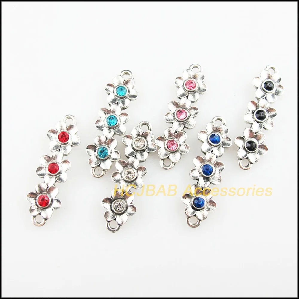 12 New 3-Flower Charms Tibetan Silver Color Crystal Mixed Connectors 8.5x28mm