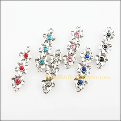 12 New 3-Flower Charms Tibetan Silver Color Crystal Mixed Connectors 8.5x28mm