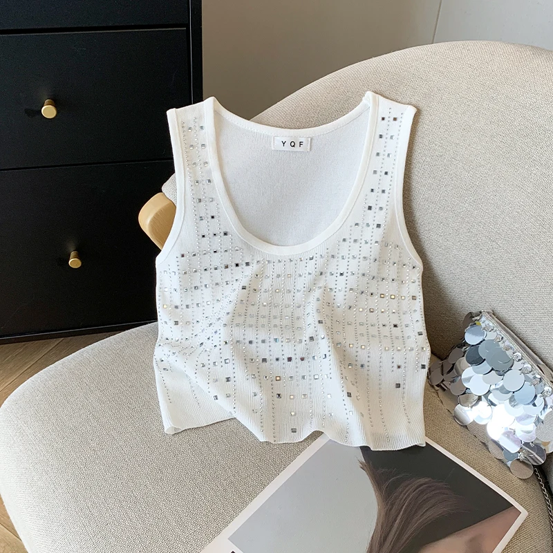 

Hot Diamond Sweater Vest Women Slim Knit T-shirt Crop Tops 2025 Summer Sleeveless Sexy Chic Ladies Ice Silk Tank Tees Knitwear