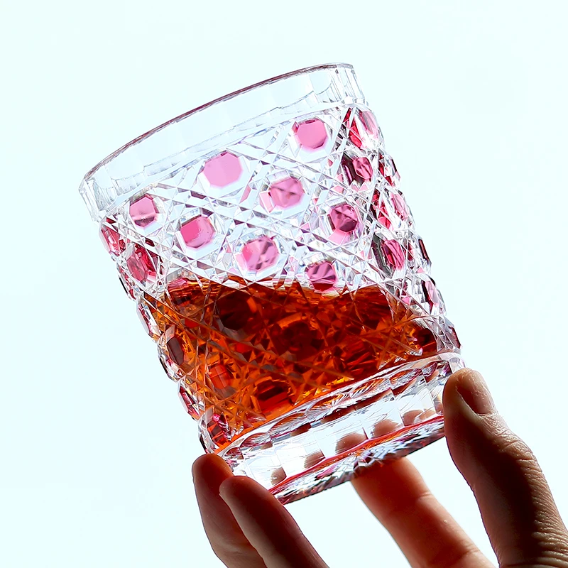 Edo-Kiriko Cut Glass Style Fashioned Whiskey Cup Pink Glass Cup With Exquisite Gift Boxes