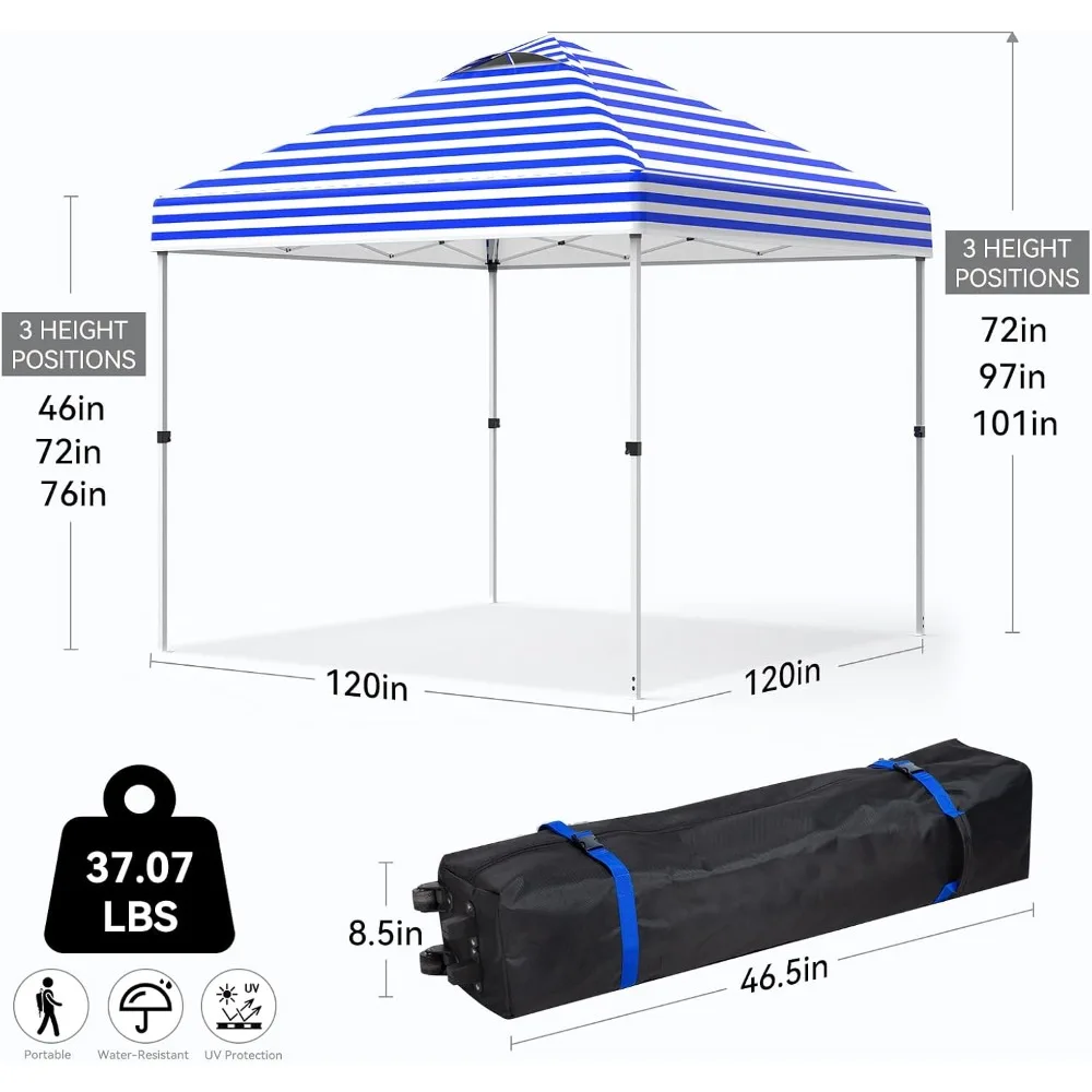 Pop Up Canopy Tent 10x10 ft with Sand Bags, Sun Shelter for Camping, One Person Setup, Blue Stripe