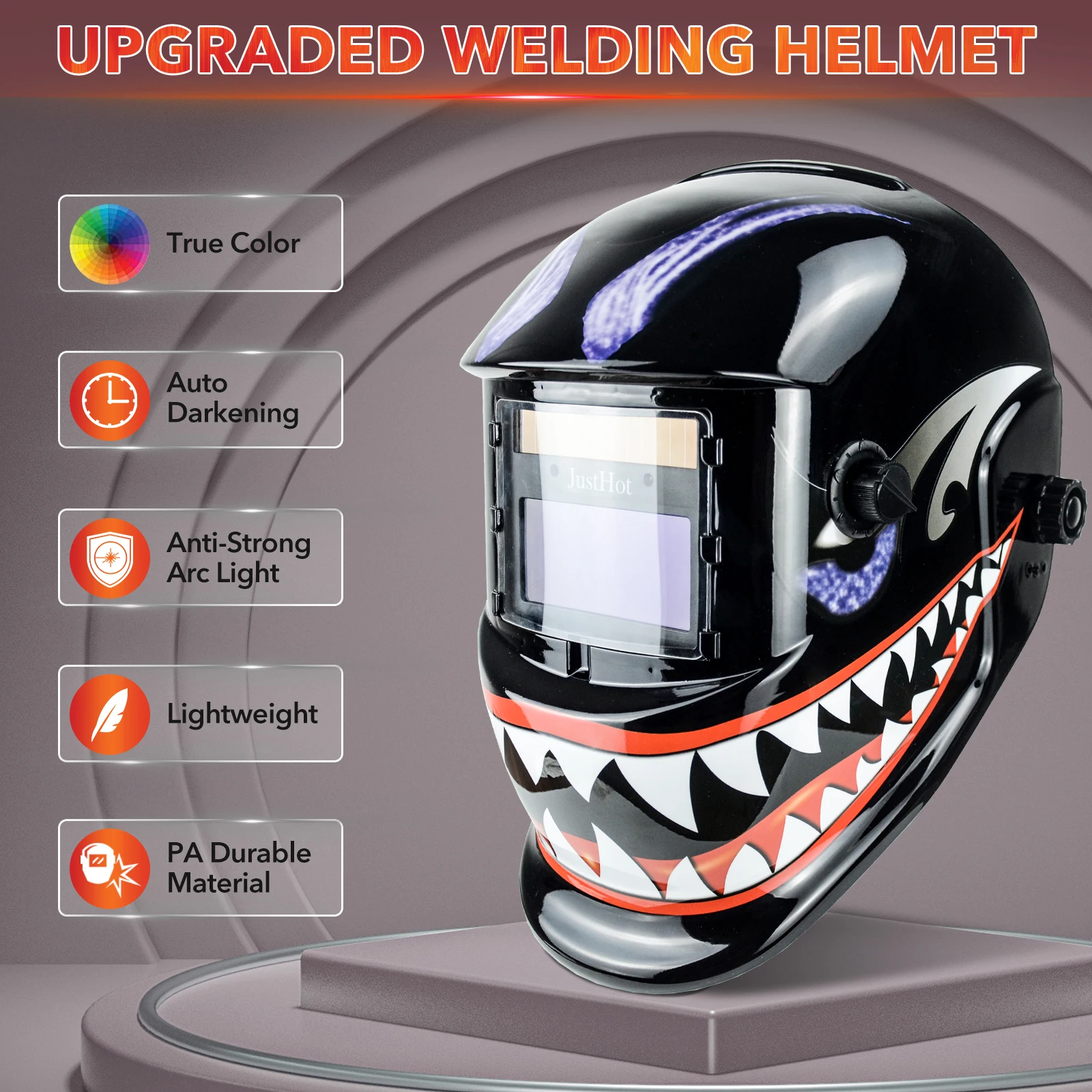 JustHot Shark Printed Welding Helmet True Color Solar Battery Powered Welding Mask Optical Auto Darkening Comfort Welding Hood