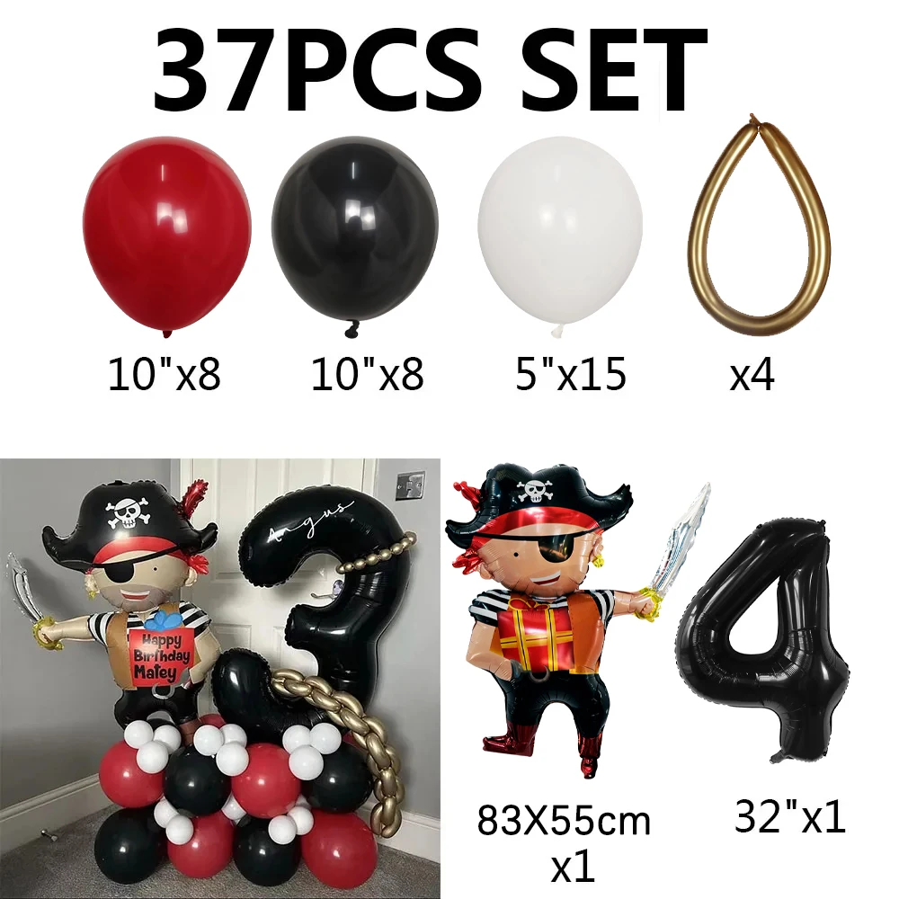 37Pcs Pirate Ship Balloons Set with 30inch 0-9 Number Balloon Boy Birthday Party Decoration Baby Shower Halloween Decor Globos