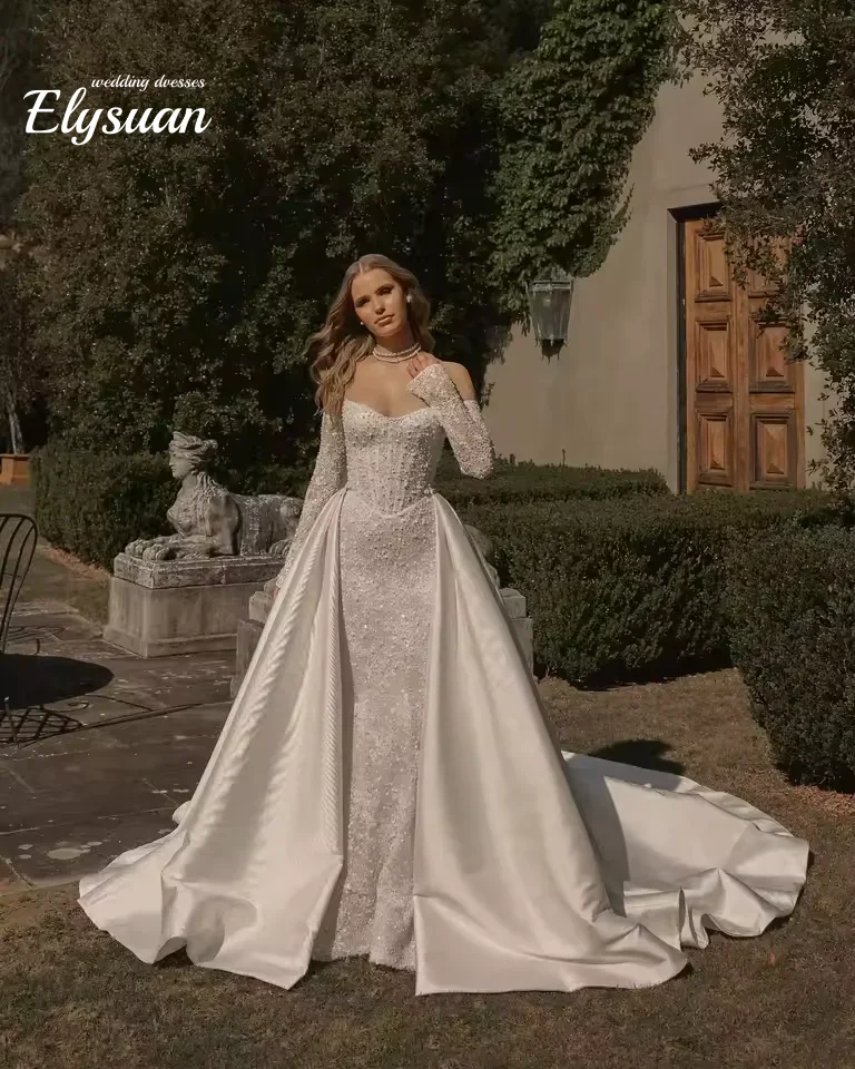 

Customized Luxury Mermaid Wedding Dress With Satin Detachable Train Full sleeve Bride Gown Lace Beading Vestidos De Novia