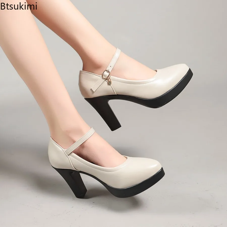 

Spring New Platform Pumps 2024 Women's Fashion Solid Buckle Strap High Heel Shoes Lady PU Leather Casual Shoes Comfy Party Pumps