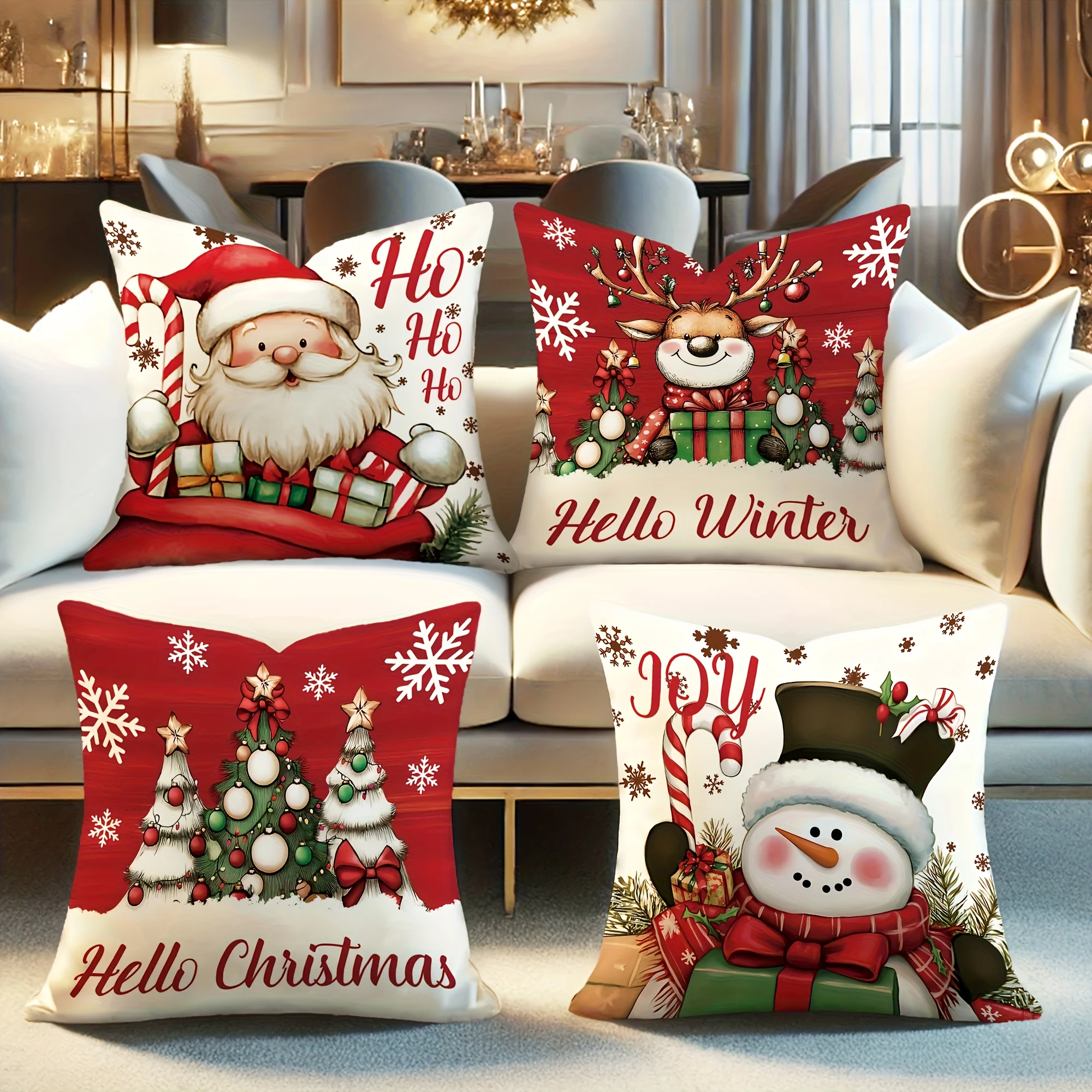 4pcs Christmas Pillow Covers – Featuring Santa Snowman Reindeer and Christmas Tree Designs Ideal for Home and Living Room Decor