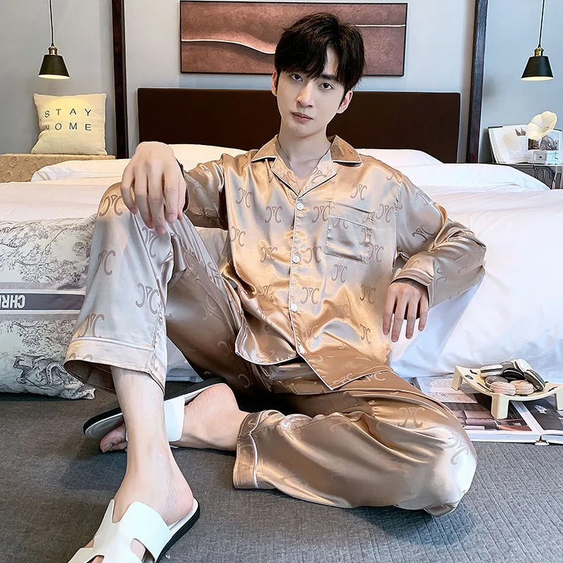 Spring Autumn Men Pajamas Long-Sleeved Trousers Lapel Cardigan Jacquard Ice Silk Male Homewear Large Size Leisure Sleepwear Suit