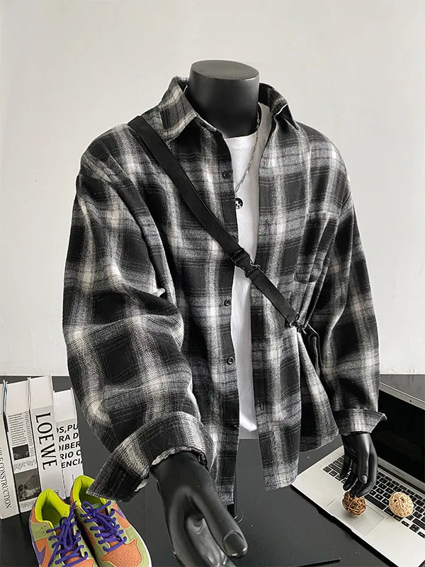 

TANGZ Studio Men's Plaid irt Long Sve Loose Fit American Retro Sle Spring Autumn Faionable Outerwear Casual Cotton P...