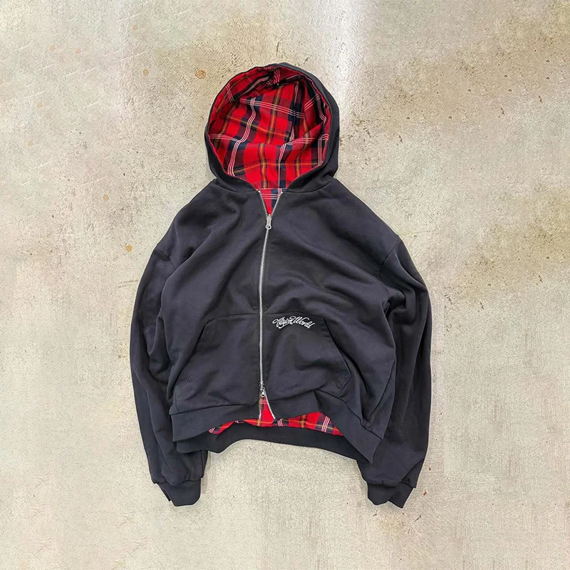 Amerikaanse retro omkeerbare geruite rits hoodie sweatshirt heren dames casual geruite sweatshirt effen kleur voering Y2K Street Style