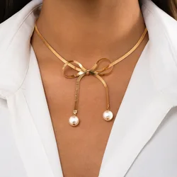 Light Luxury Stainless Steel Snake Chain Snake Chain Pearl Necklace Women Girls Cute Butterfly Bow Bowknot Choker Neck Jewelry