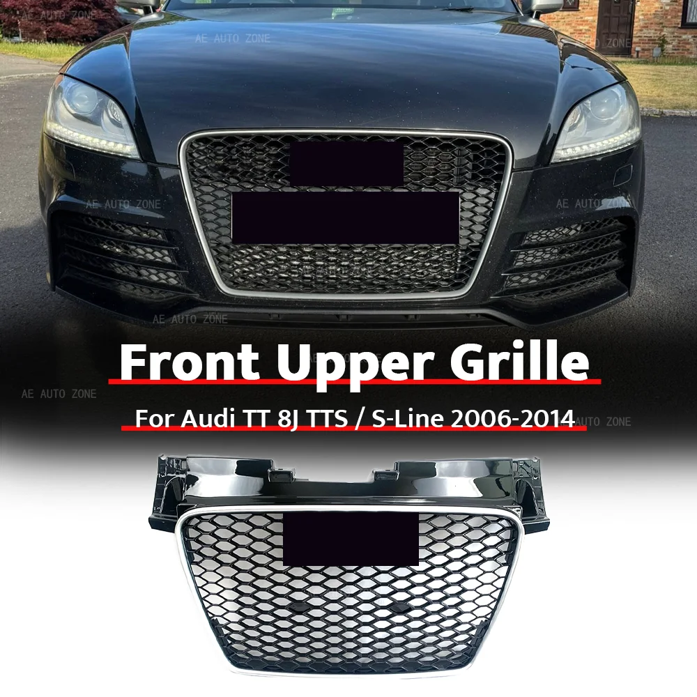Upgrade TTRS Style Silver Frame Black Mesh Front Grille For Audi TT 8J TTS / S-Line 2006-14 Upper Racing Grill W/ Chrome Emblem