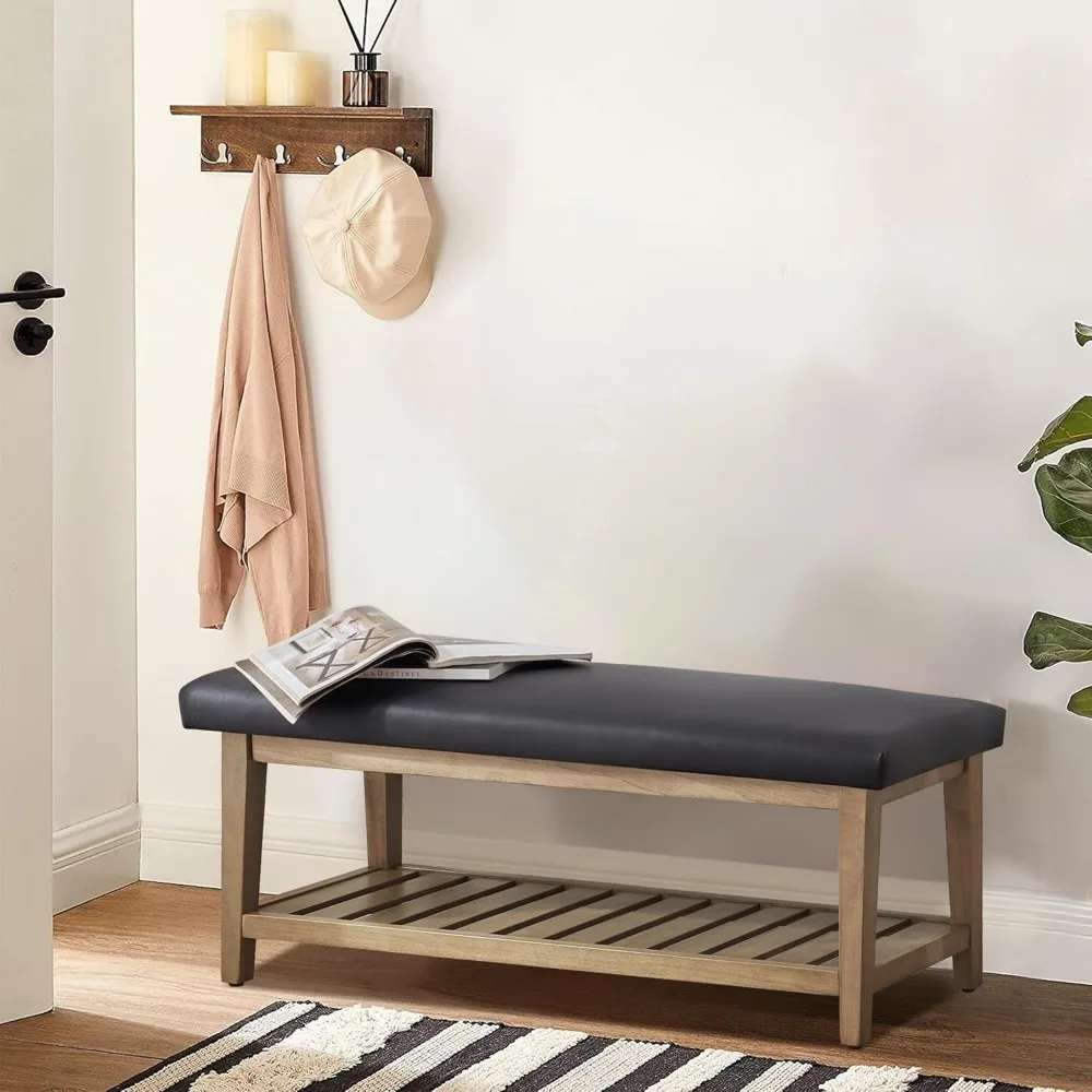 مقعد تخزين الأحذية المنجد من الشنيل مع رف من الخشب الصلب لغرفة النوم والممر، مقاس كبير #4