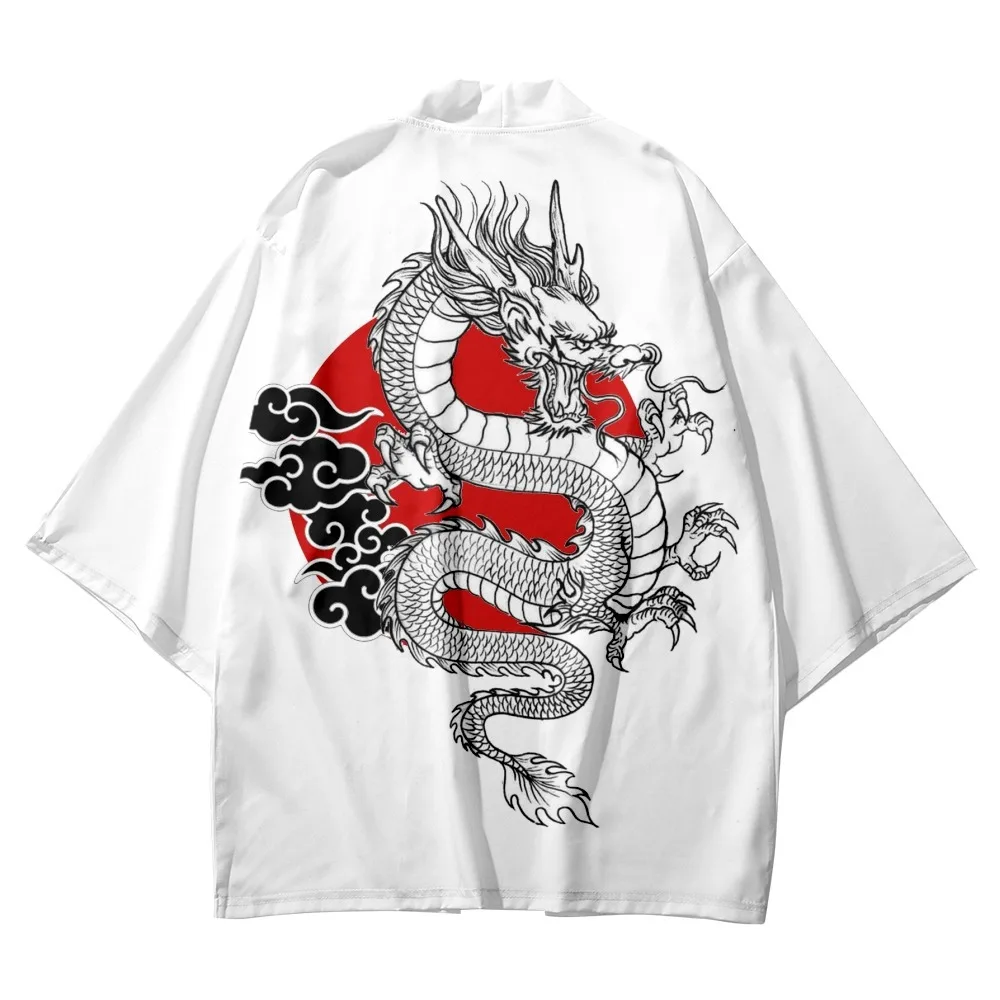 

Japanese Man Kimono Clothing Anime White Dragon Print Kimono And Shorts Samurai Haori Yukata Cardigan Shirt