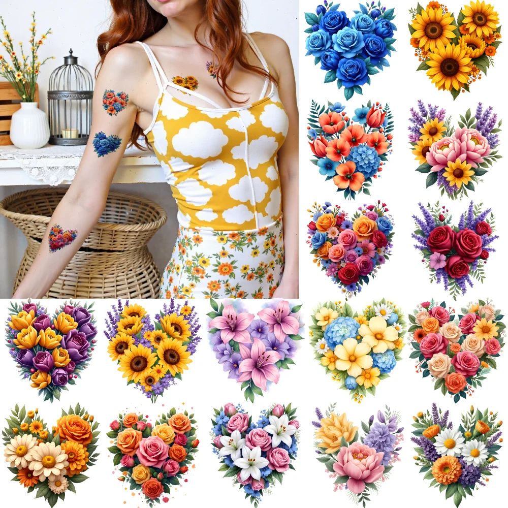 

28pcs Temporary Tattoo Heart Designs Waterproof Long-lasting Body Stickers Flower Tattoos Floral Patterns For Arms Shoulders