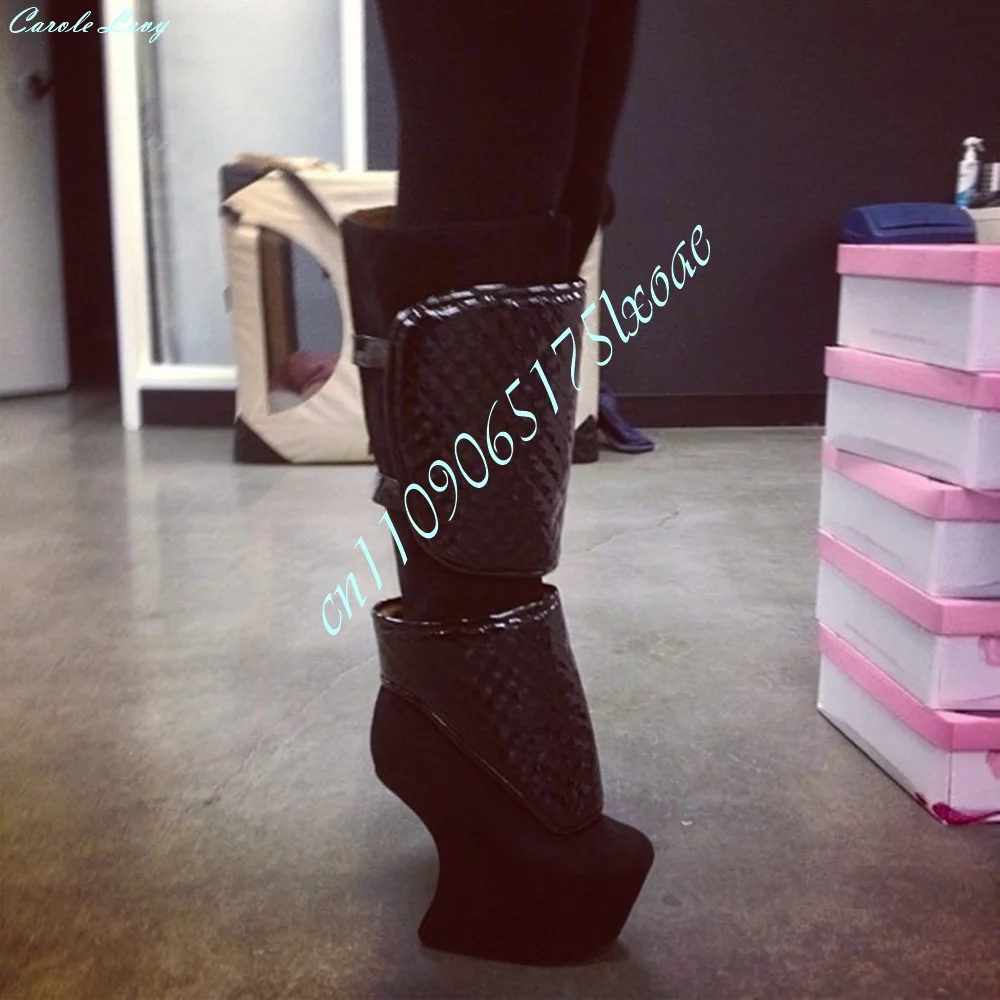 Punk Gothic Cosplay Women Mid Calf Boots Black Faux Suede with Patent Buckle Straps Heel Platform Stage Party Ladies Boots