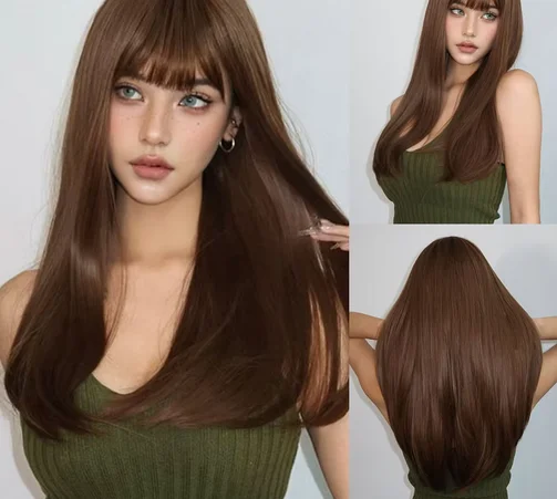 Long Straight Chestnut Brown Synthetic Wigs with Bangs Natural Layered Brown Women Wig for Daily Cosplay Heat Resistant