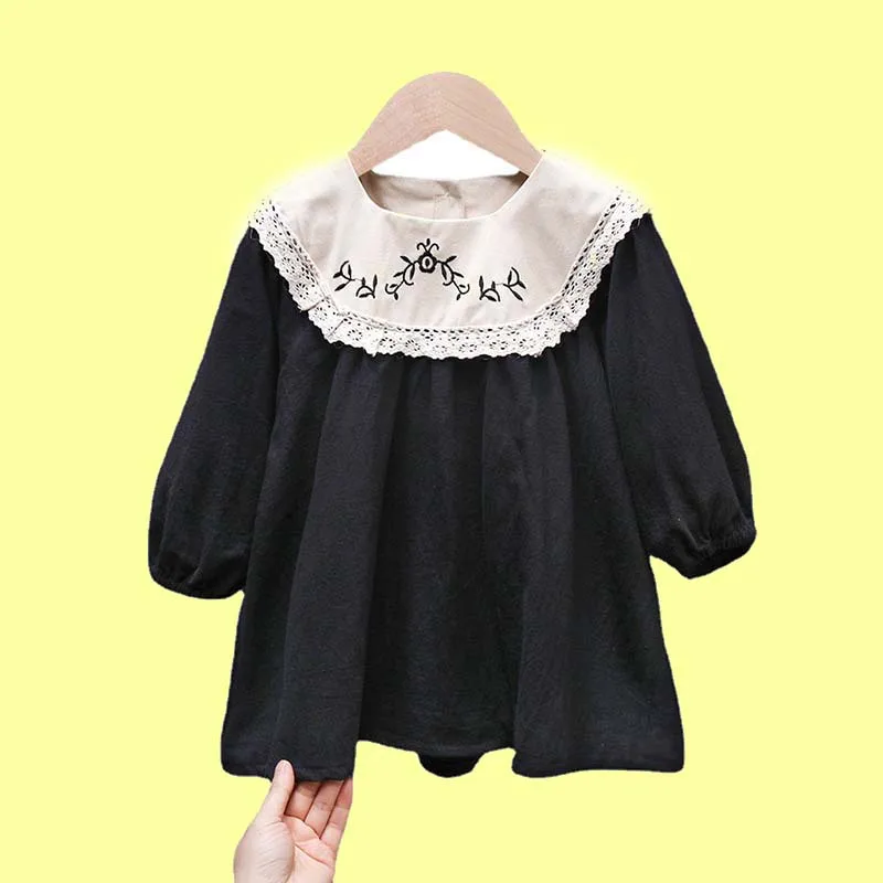 Frühling Herbst Kinder Baby Mädchen Langarm Süße Stickerei Blume Prinzessin Kleid Neue Schwarze Mädchen Kleid Kinder Kleidung Kleider
