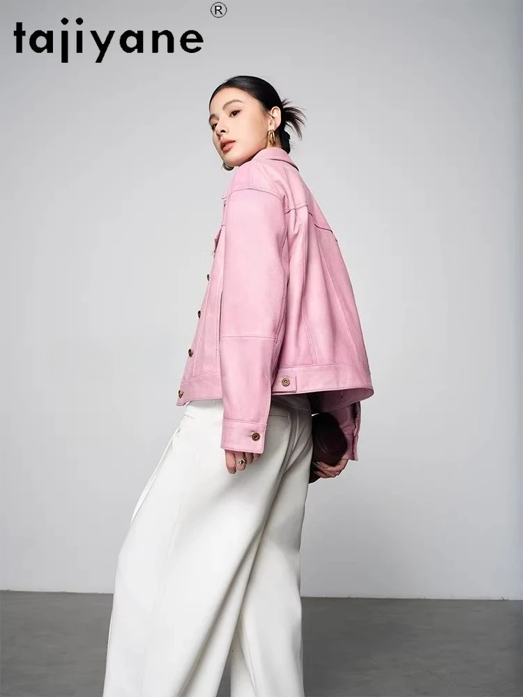 TAJIYANE Echte Schaffell Leder Jacke Frau Kurze Rosa Retro Mantel Echtes Leder Jacken 2025, Herbst Frauen Kleidung Ettка