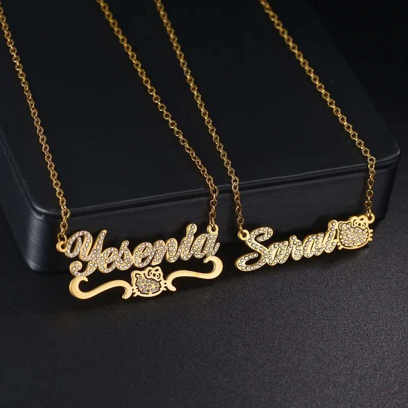 365 Multiple Personalized Name Necklace Cute Cat Shaped Custom Name Rhinestones Nameplate For Women Girls Jewelry Birthday Gifts