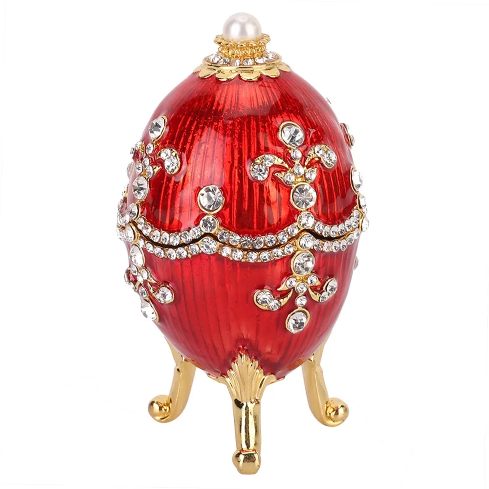 Red Easter Egg Jewelry Box Zinc Alloy Enameled Finish Jewelry Trinket Box Rhinestone Detail Egg Shape Decorative Storage Box