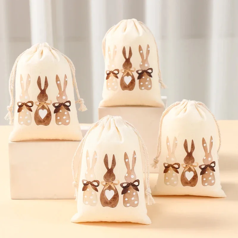 VIKAMA 6 Stück Osterhasen-Geschenktüten, Leinen-Zugbeutel mit Hasen- und Osterei-Motiv, Oster-Party-Geschenkverpackungen für Süßigkeiten