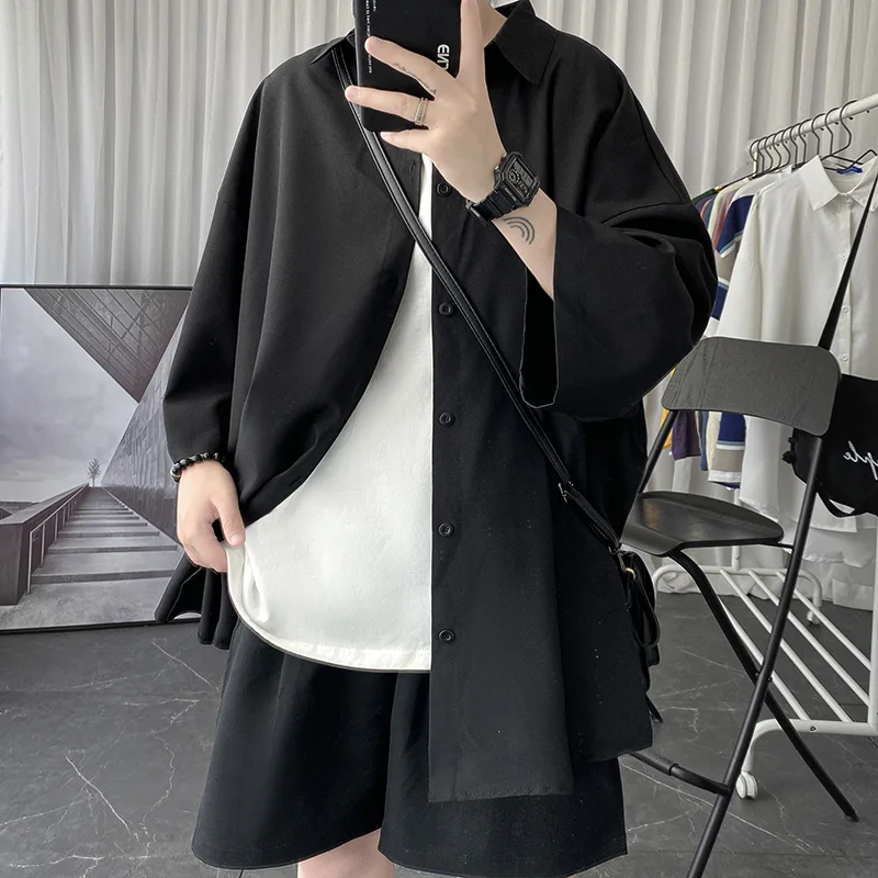 Told Tale Oversized Men\'s Shirts Black/White Harajuku Men Seven Sleeves Casual Shirt Tops Summer Daily Streetwear Man Blouse