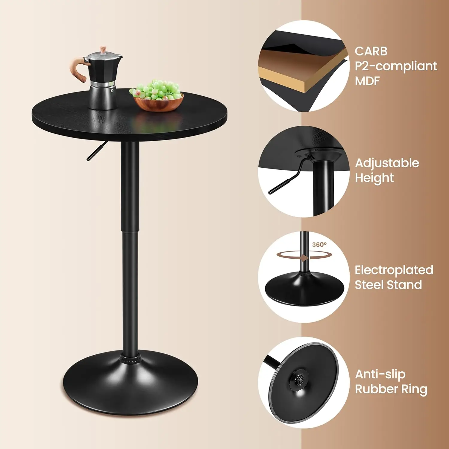 Round Bar Table, Adjustable Height and 360° Swivel Bar Tables, Cocktail Table with MDF Top, Silver Leg Base for Bar, Bistro, Caf