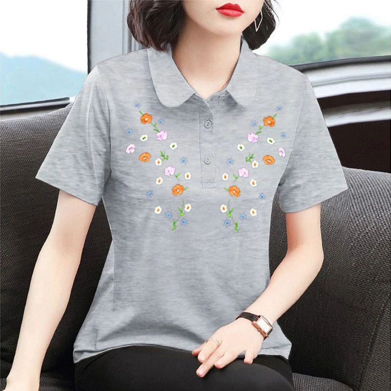 

Summer Womens Short Sleeves Polo Shirts Cotton Lapel Tops Embroidered T-shirt Loose Belly-covering Polo Shirt Casual Clothes