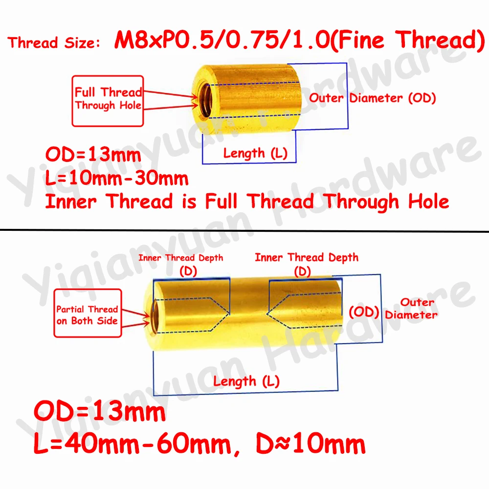 Yiqianyuan M8 Round Brass Standoff Spacer Extended Coupling Sleeve Copper Studs L=5mm to 100mm OD=13mm Coarse Thread/Fine Thread