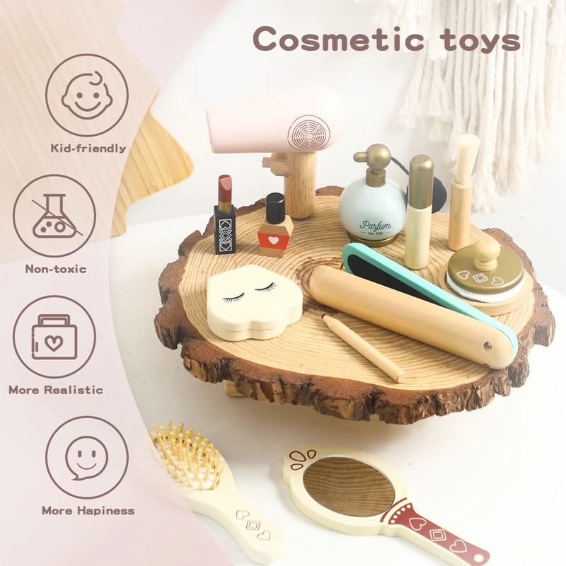 12pcs/Set Children Wooden Make-up Toy Simulation Makeup Baby Pretend Toy Girls Play House Beauty Fashion Toy Cosmetics Set Gifts