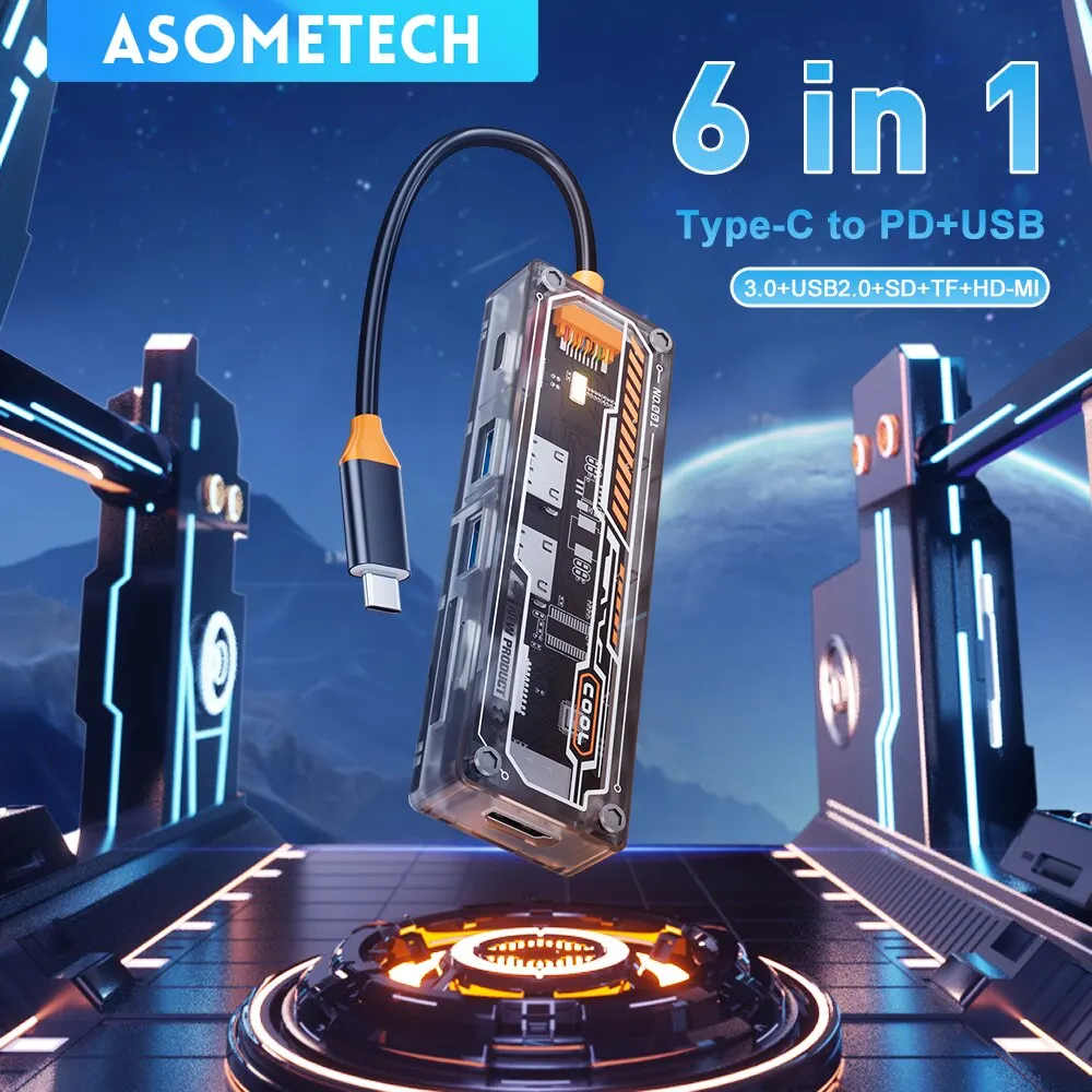 ASOMETECH 6 في 1 USB HUB Type-c إلى HDMI-متوافق 4K TF PD 100W محول لماك بوك برو USB 3.0 Hub ملحقات الكمبيوتر المحمول اللوحي #1