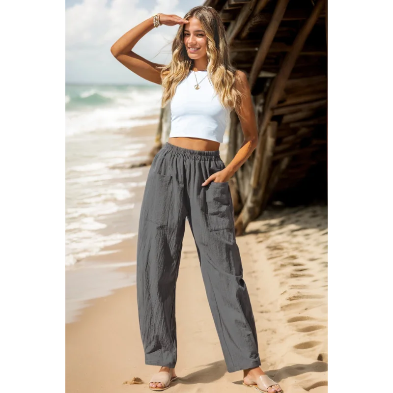 المرأة 2025 المرأة القطن الكتان سراويل تقليدية منتجع نمط مرونة الخصر الموز السراويل حقيبة البضائع #5