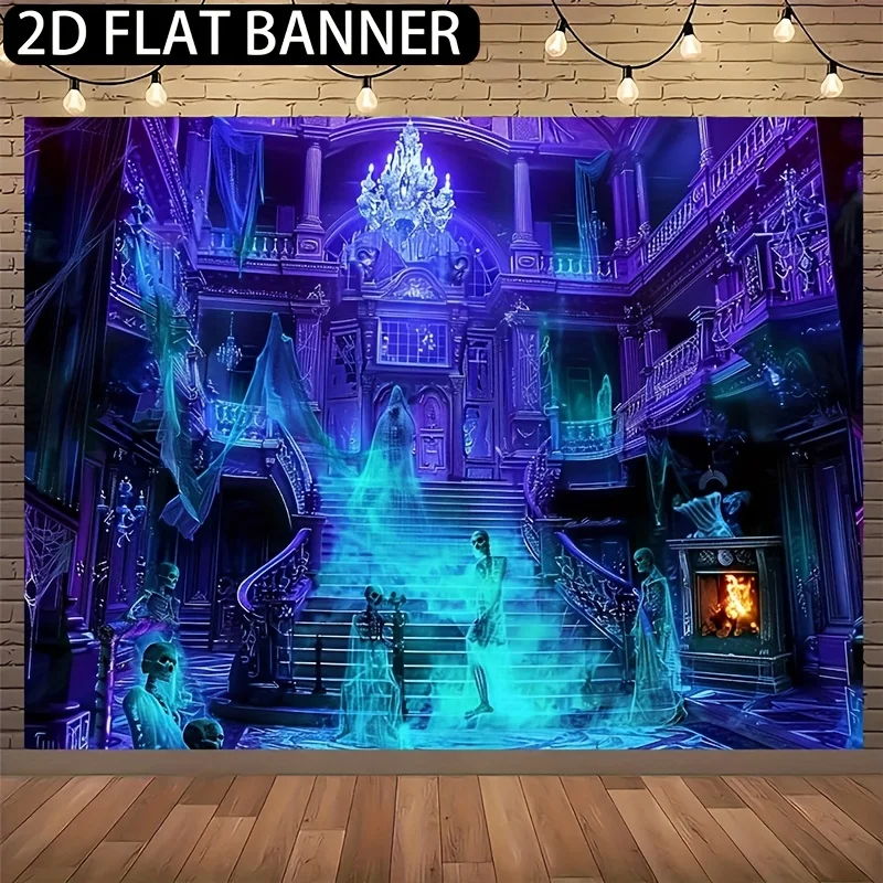 1 Stück Halloween-Hintergrundbanner „Geisterhaus und Wald“ – lebendiges lila Polyester, Halloween-Dekoration, perfekt für Weihnachten – Detail 1