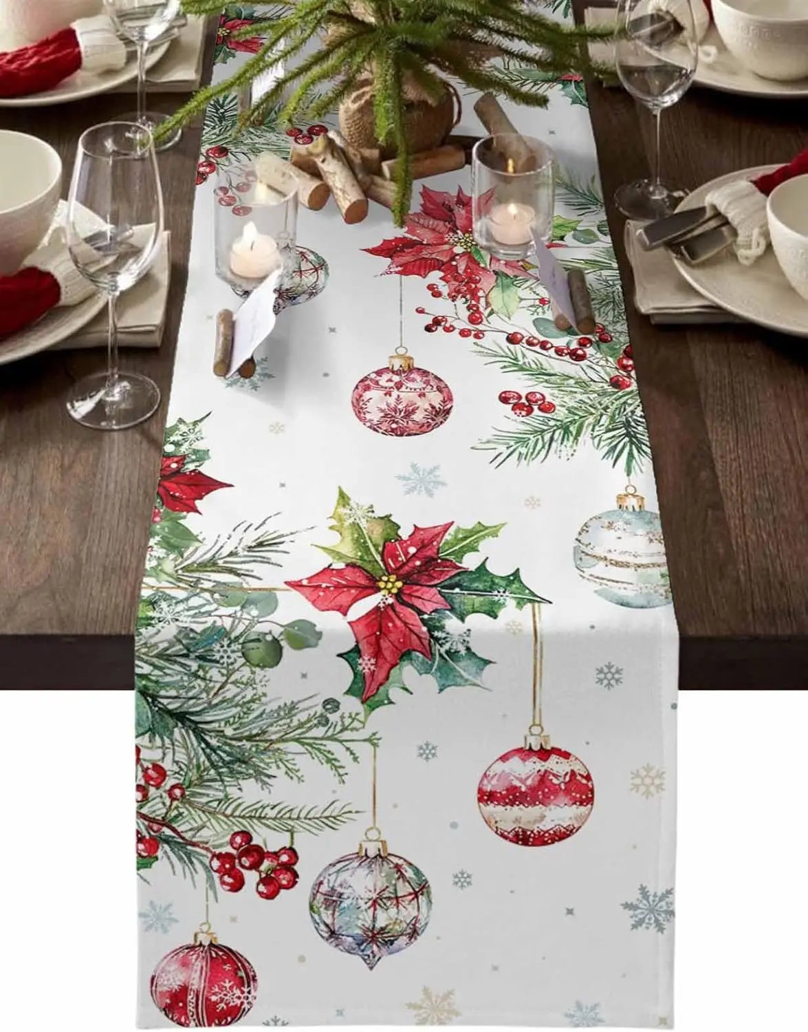 Christmas Poinsettia Linen Table Runner Party Decor Winter Xmas Ball Snowflake Kitchen Dining Table Runner Christmas Decorations