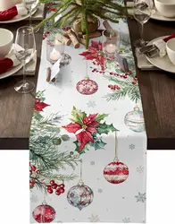 Camino de mesa de lino de Pascua de Navidad, decoración de fiesta, bola de Navidad de invierno, copo de nieve, cocina, camino de mesa de comedor, decoraciones navideñas