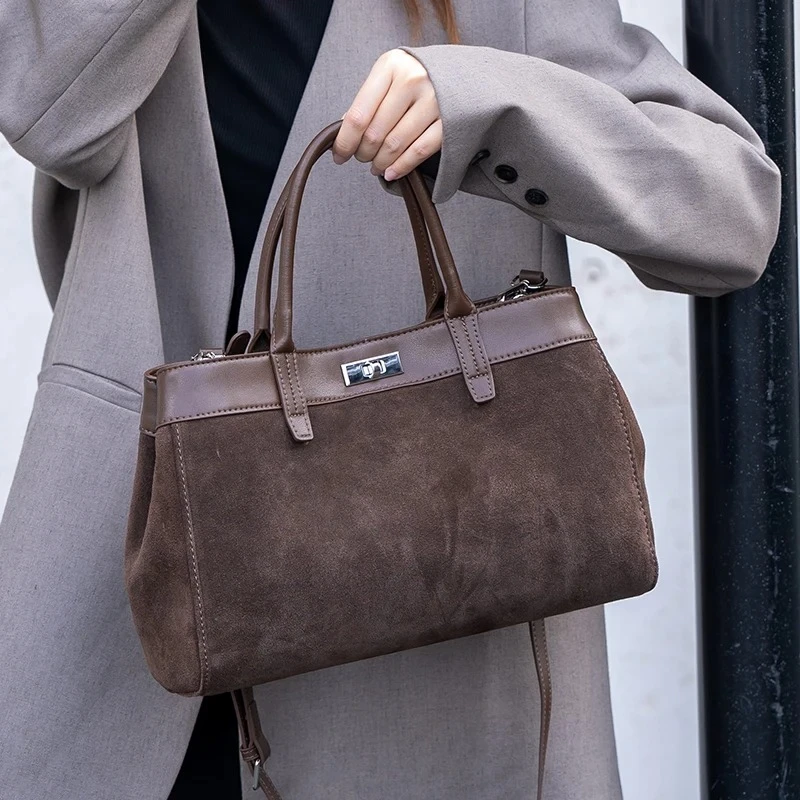 Female Casual Suede Cowhide Durable Handbags Women Retro Cow Leather Shoulder Bag Ladies Fashion Designer Luxury Bags for Girls