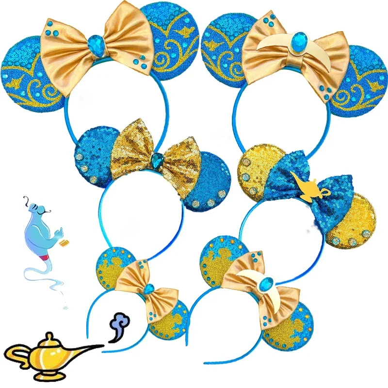 Disney Aladdin Ears Hair Accessories For Women Princess Jasmine Headbands Grils Sequins Bow Genie Of The Lamp Hairband Kids Gift