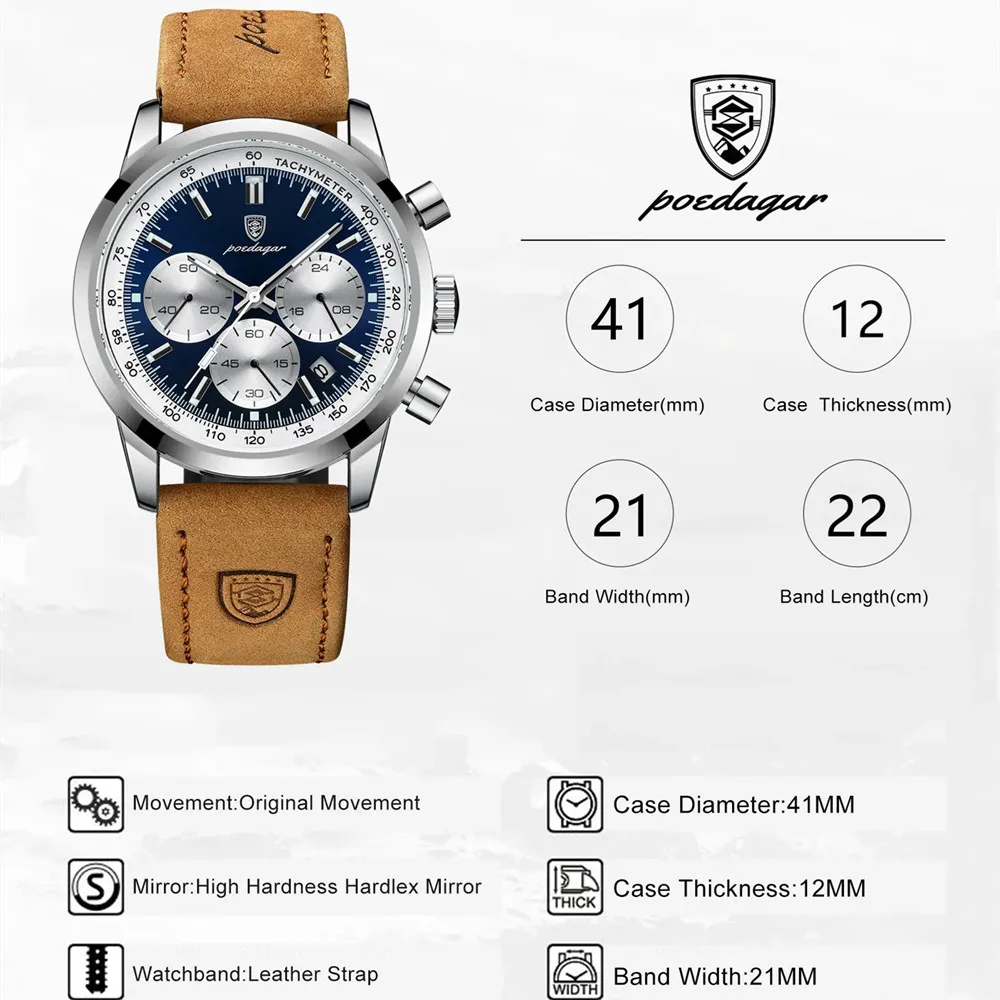 POEDAGAR-Reloj de pulsera de cuero para hombre, cronógrafo luminoso, resistente al agua, de cuarzo, informal, de lujo, de alta calidad