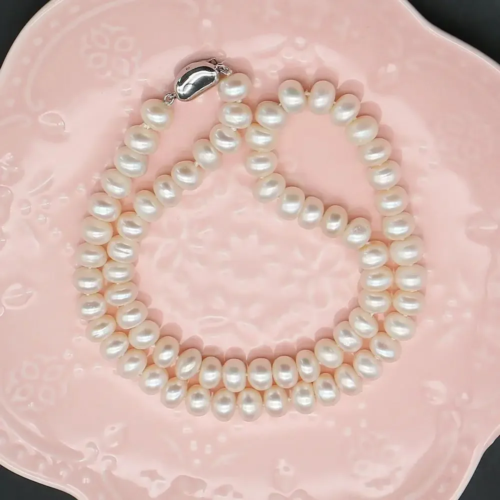 Natural Baroque Pearl Beaded Necklace White Freshwater Flat Pearl 42cm Length Wrist Ornament Elegant Woman Wear Jewelry 7-8mm