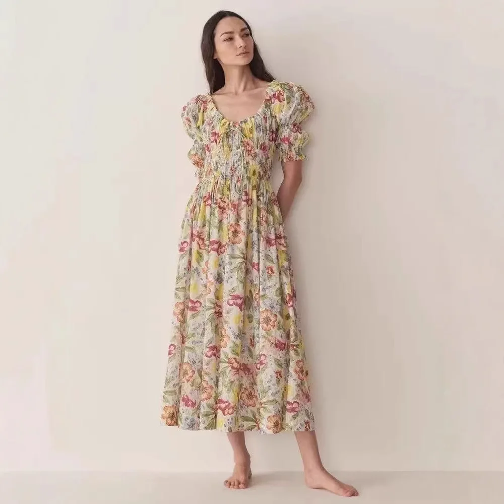 

Французский Sle с цветочным принтом Puff Sve A-Line Dr с завязками на талии, хлопковое летнее платье для женщин Faion 2025 г.