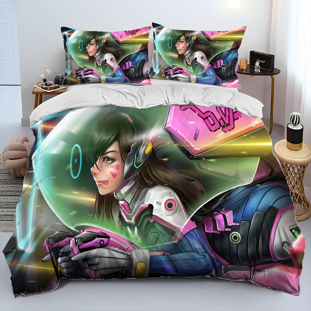 משחק Overwatch Gamer DVA Comfortter סט מצעים, סט מצעים עם כיסוי רובה, סט מצעים בגודל מלכה או מלכה לילדים 3D