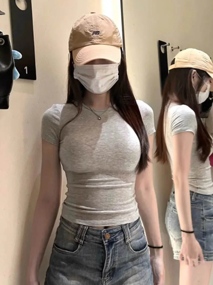 

Базовый однотонный укороченный топ с короткими рукавами и круглым вырезом, узкая футболка, летняя повседневная футболка для женщин, винтажный топ y2k, уличная одежда в стиле Харадзюку