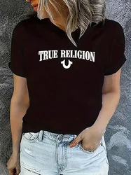 True Religion Print Polyester Breathable Tee Shirt Crew Neck Casual T Shirts For Women