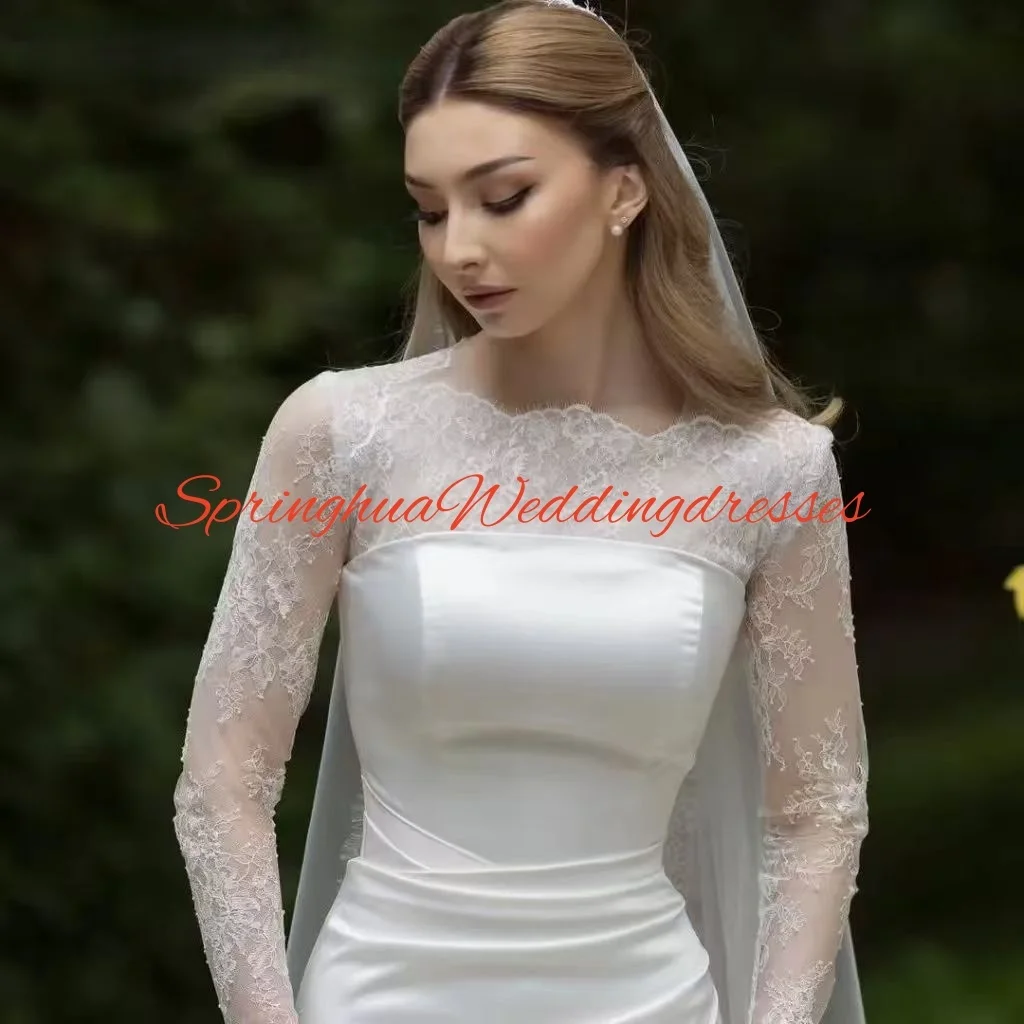 カスタマイズされたシンプルでエレガントなマーメイドサテンレース長袖ウェディングドレスブライダルガウン（ベスティード・デ・ノビア）