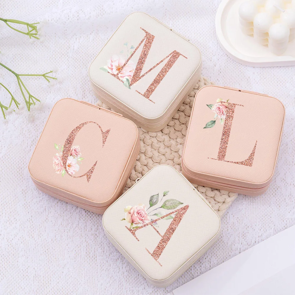 1pc Wedding Bridesmaid Gift Jewelry Box Trendy Flower Letter Ladies Ring Earrings Storage Organizer Bag Travel Accessories