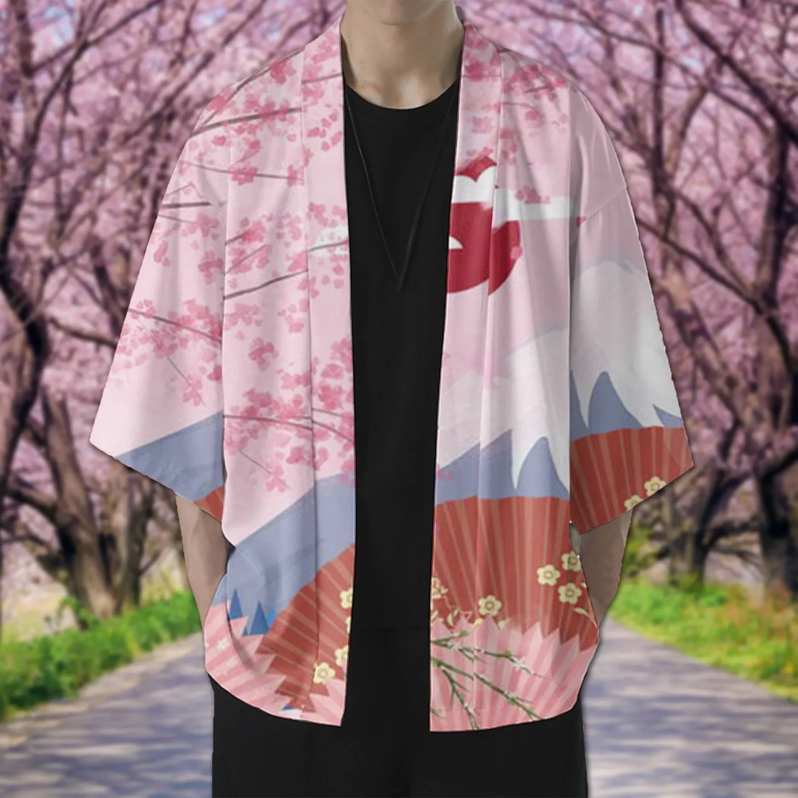 Male Spring And Summer kinomo Cherry Flower Cool Semi Long Sleeve Cardigan All Solid Color Casual Plus Size Men's Casual  Shirt