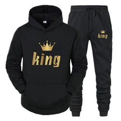 Rei e Rainha dos homens impressos Hoodie e moletom conjuntos, chapéu correndo terno, Sportswear conjuntos, roupas de outono, 2 pcs