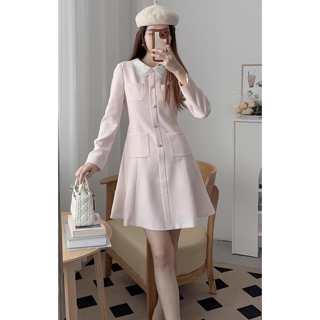 

Ele Lace Petal Collar A-Line Dr Spring 2025 Long Sve Commute Sle Two Colors Original Subtle Fraance Wind